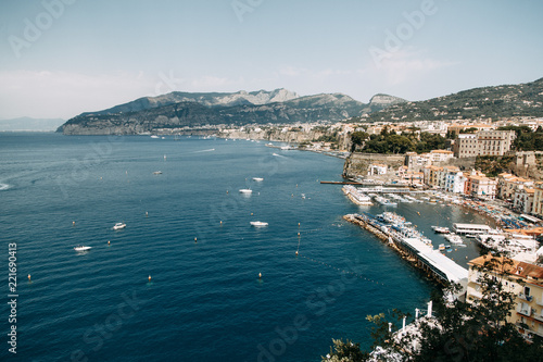 Views of the city of Sorrento in Italy, panorama and top view. Night and day, the streets and the coast. Beautiful landscape and brick roofs. Architecture and monuments of antiquity. Shops and street