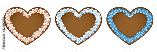 set of three gingerbread hearts in different colors
