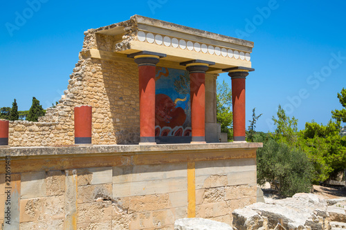 Greece, Crete, Heraklion. Knossos ruins, ceremonial and political centre of the tsar Minos. Archaeological site connected with legends of Daedalus, Minotaur, Ariadne and Icarus