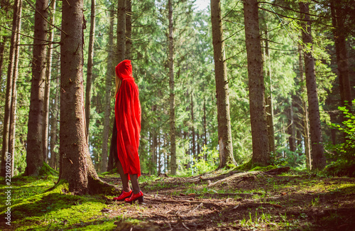  Concept of Halloween. Beautiful and simple costume of little red hood. Mysterious hooded figure in misty forest. Girl in red raincoat. Cosplay Fairy Tale Little Red Riding Hood 