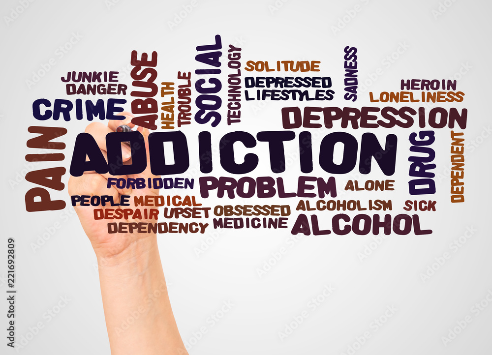 Addiction word cloud and hand with marker concept Addiction word cloud and hand with marker concept