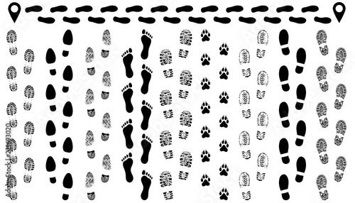 Footprint of shoes on the road, isolated set silhouette vector. Traces sole, imprint. Footstep, footwear