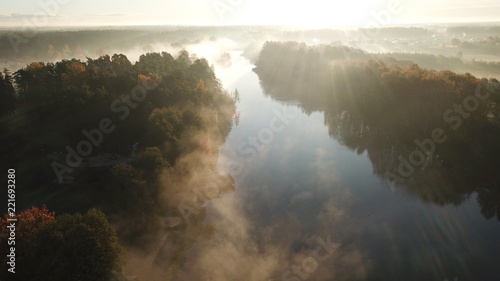 Morning smoke on the water Ulbroka lake Aerial drone top view Latvia © Valerijs Novickis