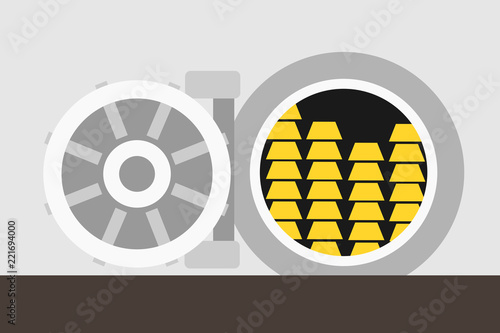 Stockpile of gold in the strongbox in the bank. Storage and reserve of golden precious metal as physical bullion. Bars are protected by safety door. Vector illustration