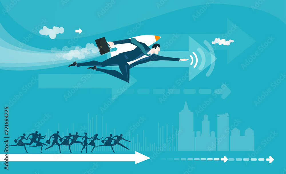 Businessman flying towards success, helping, generating power and right solution. Consultancy. Concept illustration
