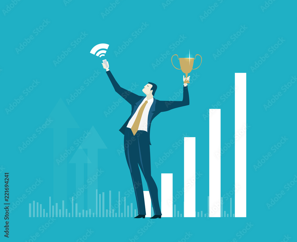 Obraz premium Businessmen making selfie on the phone with trophy. Seccsess and share information 