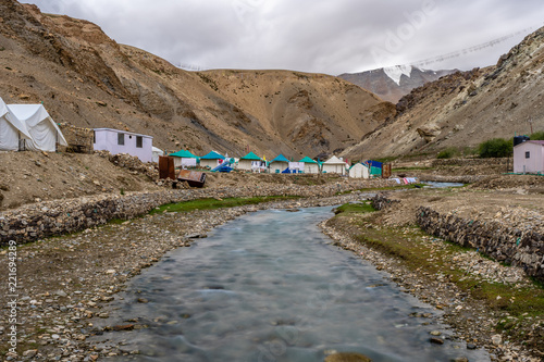 Tourist Camp near Canal of Karzok of Tso moriri lake, Leh, Ladakh, Jammu and Kashmir, India