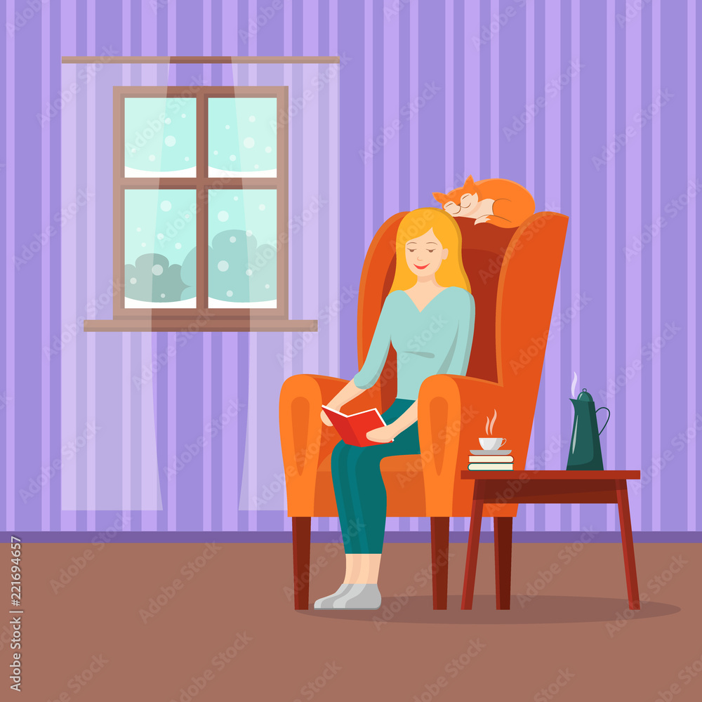 Vector cartoon girl reading book in armchair. Cat sleeping on the back of chair. Illustration flat young woman in cosy interior: window with winter landscape background, table with coffee mug, teapot. Vector cartoon girl reading book in armchair. Cat sleeping on the back of chair. Illustration flat young woman in cosy interior: window with winter landscape background, table with coffee mug, teapot.