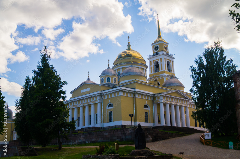 The Epiphany Cathedral in Nilov Monastery, founded by Saint Nilus in 1594 on the lake Seliger, Tver region. One of the most impressive ensembles of Neoclassical architecture in Eastern Europe.