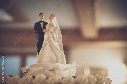 statuettes of the bride and groom on the cake