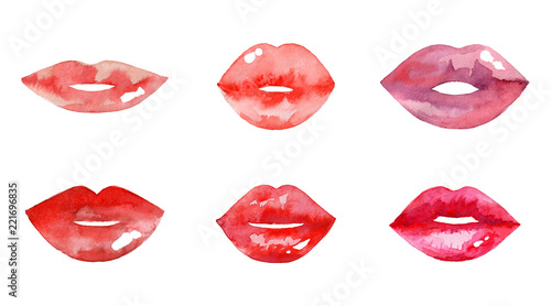 Women s lips set. Hand drawn watercolor lips isolated on white background.  Fashion and beauty illustration. Sexy kiss. Design for beauty salon  make-up studio  makeup artist  meeting website. 