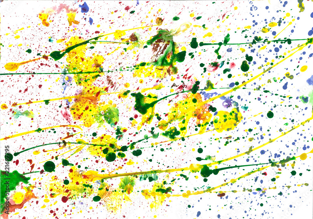 Yellow green multicolor handpainted watercolor abstract illustration splash water drops