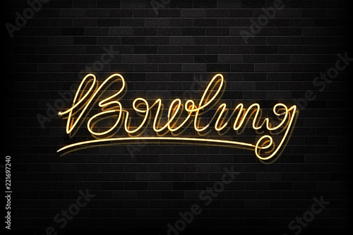 Vector realistic isolated neon sign of bowling typography logo for decoration and covering on the wall background. Concept of game sport and bowling club.