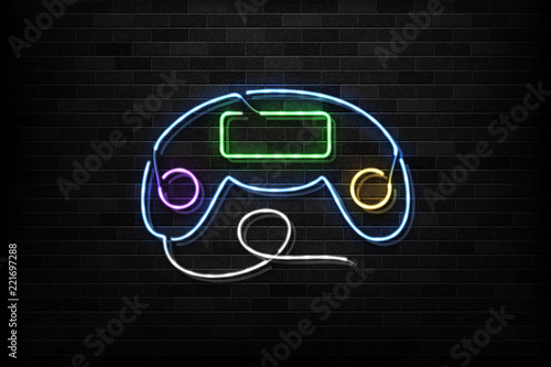 Vector realistic isolated neon sign of controller logo for decoration on the wall background. Concept of game and computer leisure.