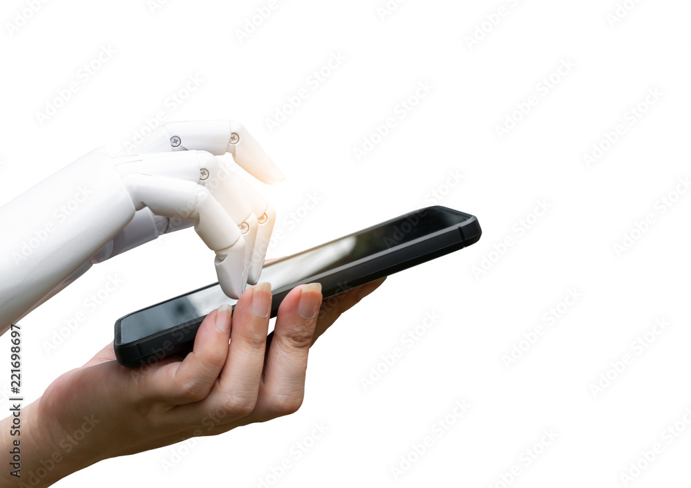 Robotic artificial intelligence transition human hand to robot hand press the smartphone button white background