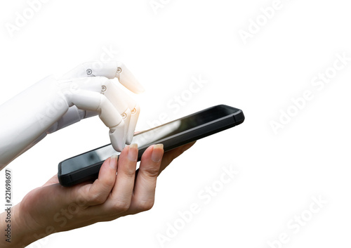Obraz na płótnie Robotic artificial intelligence transition human hand to robot hand press the smartphone button white background w salonie