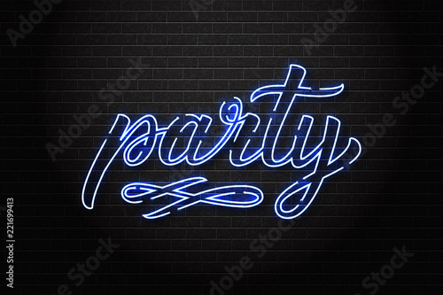 Vector realistic isolated neon sign of Party typography logo for decoration and covering on the wall background. Concept of dj, disco and night life.