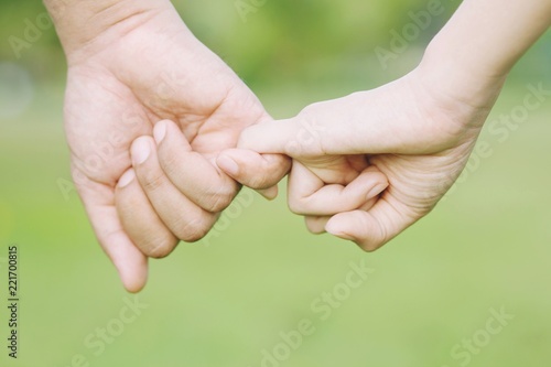 Loving Young love Woman and man  holding hand Shake hand together, couple be hand in hand pinky promise or pinky swear. Happy romantic love in the garden. concept couple lover valentine day. © methaphum