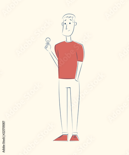 Man with lightbulb. Idea concept. Vector sketch illustration