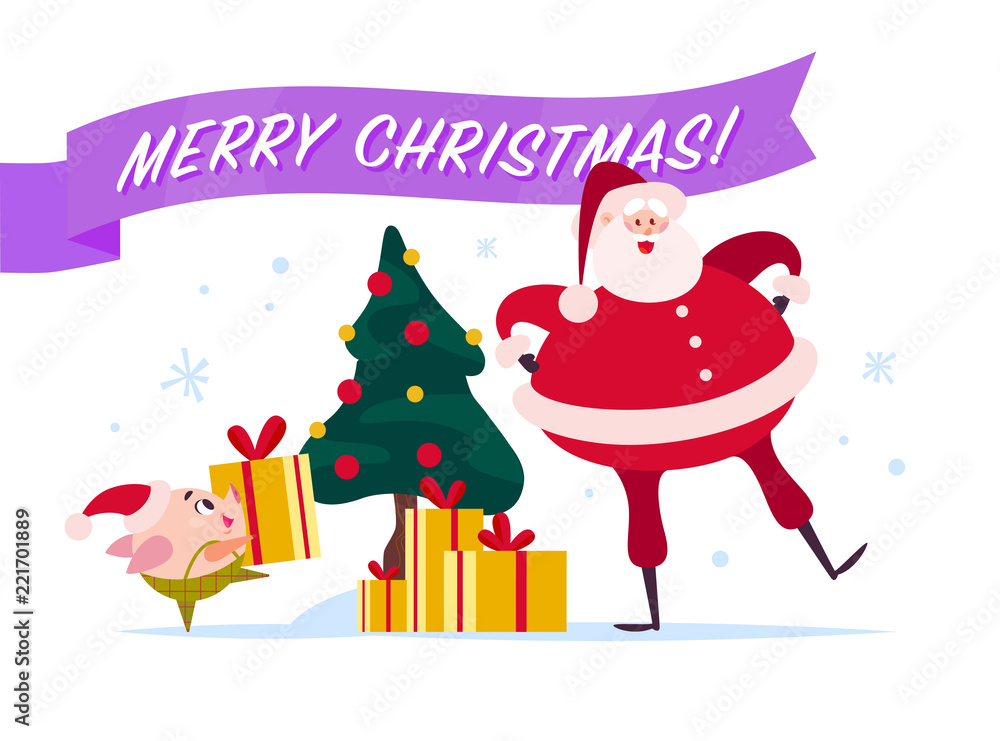 Vector flat Merry Christmas illustration with Santa Claus, cute pig elf at decorated New year fir tree carry gift box, xmas holiday congratulation isolated on white background. Web banner, package.