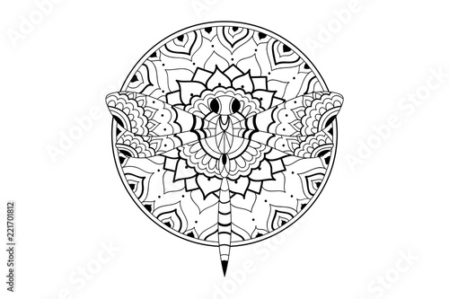 Mandala hand drawn indian pattern dragonfly coloring book page vector