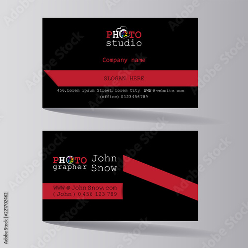 PHOTO STUDIO. Business card of the photographer. Business card template  from both sides, a creative business card of a photo artist, a photo studio worker, salon.
