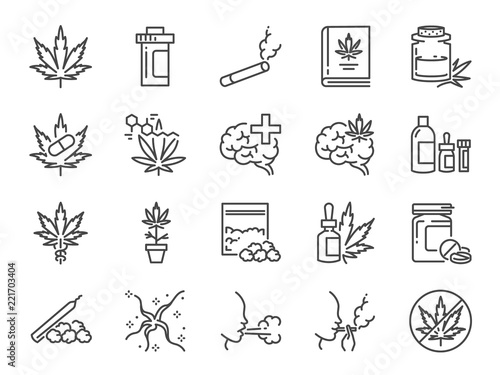 Cannabidiol icon set. Included icons as CBD, Cannabis, treatment, weed, tobacco and more.
