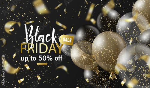 Black friday sale background with balloons and realistic falling serpentine. Modern design.Universal vector background for poster, banners, flyers, card.