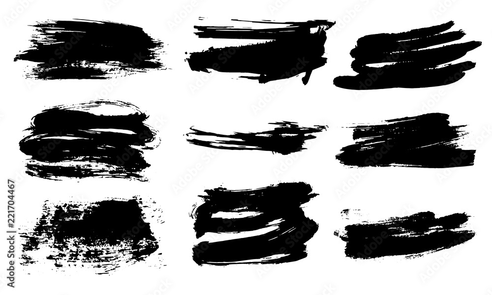 Set of black paint, ink brush strokes, brushes, lines. Dirty artistic design elements, boxes, frames for text