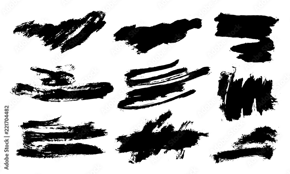 Set of black paint, ink brush strokes, brushes, lines. Dirty artistic design elements, boxes, frames for text