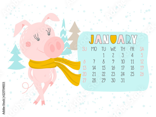 Creative calendar for January 2019 with cute pig. Concept, vector vertical editable template. Symbol of the year in the Chinese calendar. Funny cartoon characters.Vector illustration