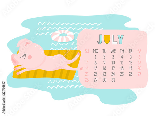 Creative calendar for July 2019 with cute pig. Concept, vector vertical editable template. Symbol of the year in the Chinese calendar. Funny cartoon characters.Vector illustration