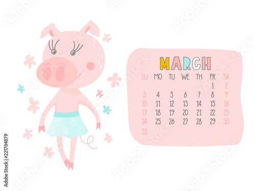 Creative calendar for March 2019 with cute pig. Concept, vector vertical editable template. Symbol of the year in the Chinese calendar. Funny cartoon characters.Vector illustration