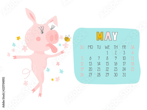 Creative calendar for May 2019 with cute pig. Concept, vector vertical editable template. Symbol of the year in the Chinese calendar. Funny cartoon characters.Vector illustration