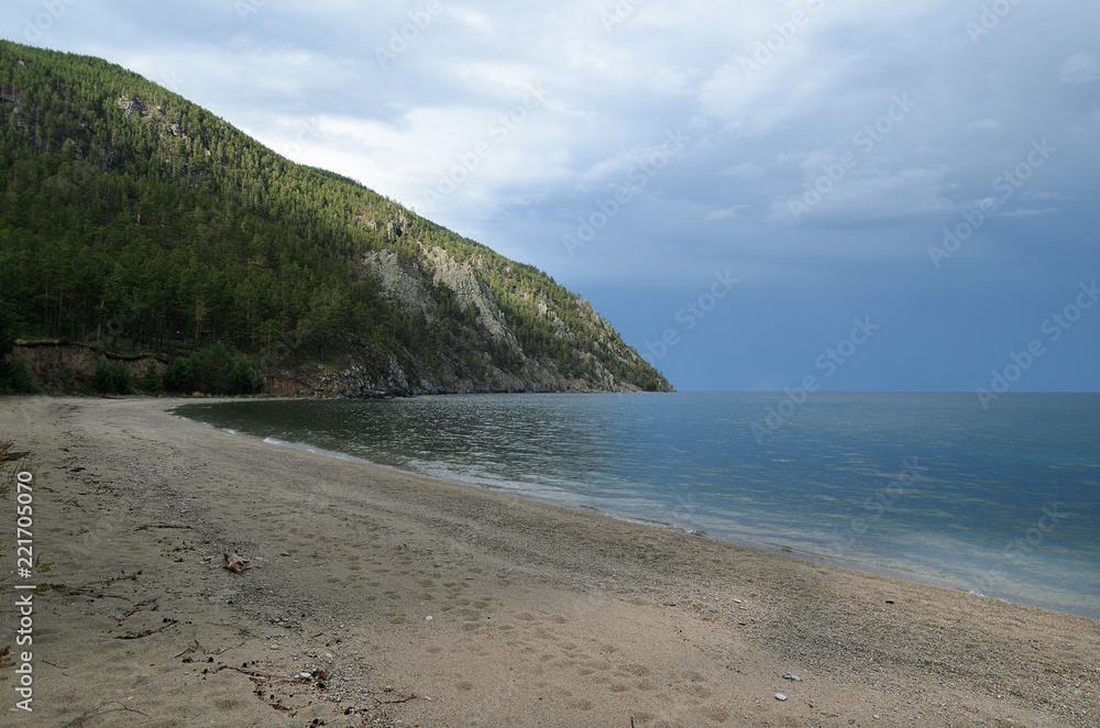 Picturesque long sandy beach. Dry Bay. Lake Baikal