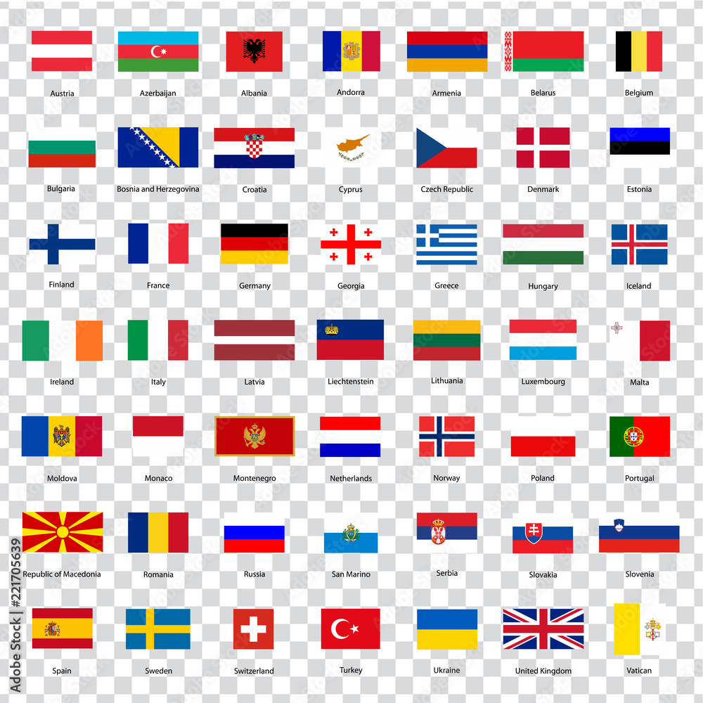 All of the countries of the European Union. List of flags of countries with inscriptions and proportions on transparent background. Flags for your web site design, logo. Stock