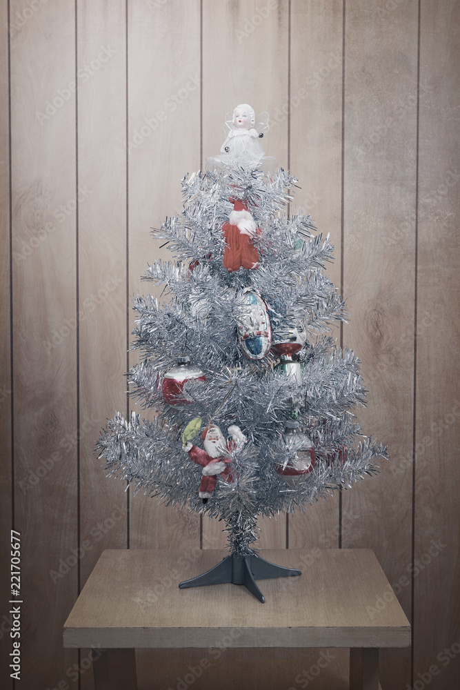 Vintage artificial silver Christmas tree with old blown glass ornaments Stock Photo Adobe Stock
