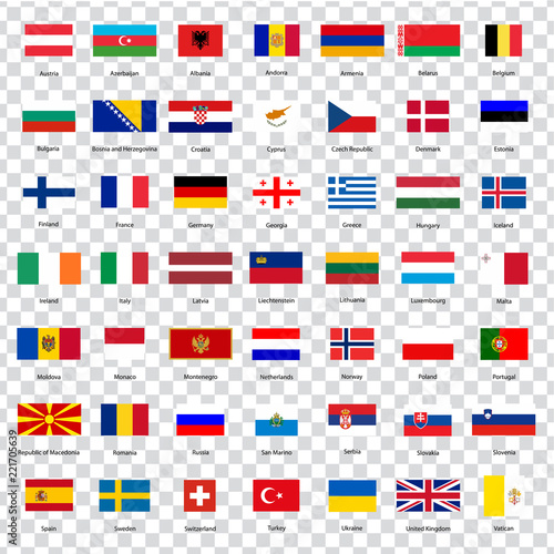 All flags of the countries of the European Union. List of all flags of European countries with inscriptions and original proportions on transparent background. Flags for your web site design, logo.