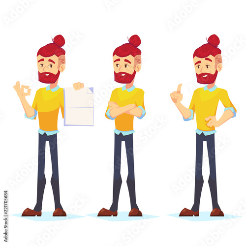Business man characters. Adult Hipster in casual clothes. Emotions and expressions, pose. Vector cartoon character.