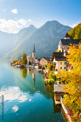 Famous Hallstatt village in Alps mountains, Austria. Beautiful autumn landscape photo