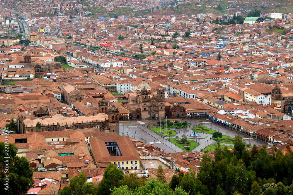 The Iglesia de la Compania de Jesus church on the Plaza de Armas square view from Sacsayhuaman citadel, Cusco, Peru The Iglesia de la Compania de Jesus church on the Plaza de Armas square view from Sacsayhuaman citadel, Cusco, Peru