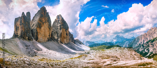 Tre Cime di Lavaredo panoramic view. Dolomiti Italian Alps, Veneto, Italy photo