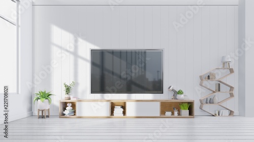 Smart Tv Mockup on cabinet in living room. 3d rendering