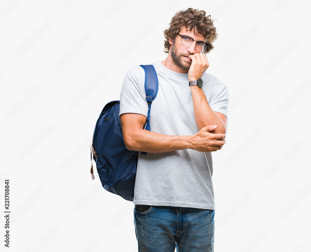 Handsome hispanic student man wearing backpack and glasses over isolated background looking stressed and nervous with hands on mouth biting nails. Anxiety problem. Handsome hispanic student man wearing backpack and glasses over isolated background looking stressed and nervous with hands on mouth biting nails. Anxiety problem.