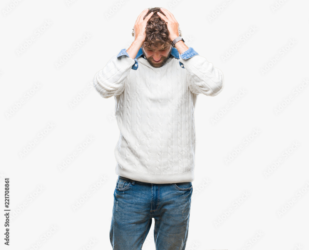 Handsome hispanic man model wearing winter sweater over isolated background suffering from headache desperate and stressed because pain and migraine. Hands on head. Handsome hispanic man model wearing winter sweater over isolated background suffering from headache desperate and stressed because pain and migraine. Hands on head.