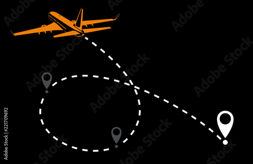 Airplane line path vector icon of air plane flight route with start point and dash line trace. Vector illustration