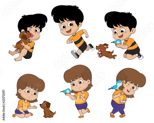 The child was playing with his good friend, that is the dog and a parrot.Vector and illustration.
