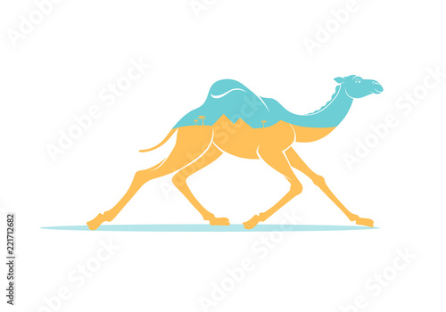 Color graphic drawing of silhouette of running arabic camel, dromedary, inside is yellow Sahara desert, pyramids, palms and sky. Vector illustration, tourism, travel, Egypt, isolated on background.