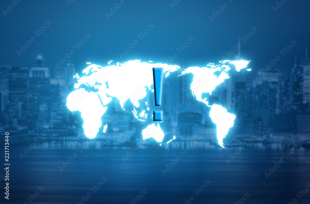 Exclamation mark over world map hologram and blurred city background Exclamation mark over world map hologram and blurred city background