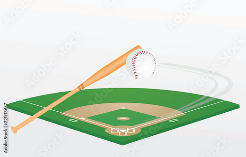 Baseball bat, ball and field. vector illustration